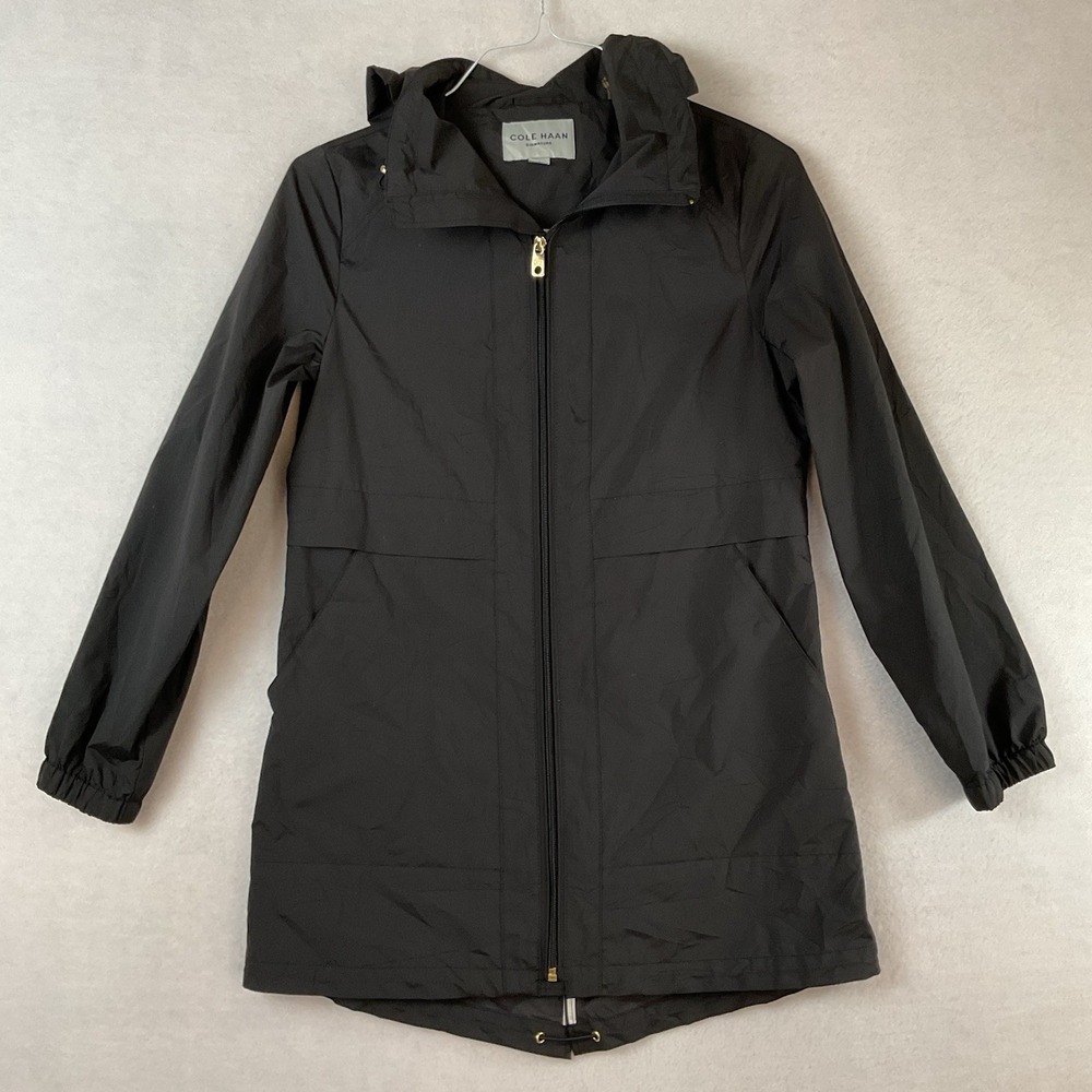 Cole Haan Signature Raincoat Jacket Womens XS Black Hooded Packable Gold Buttons
